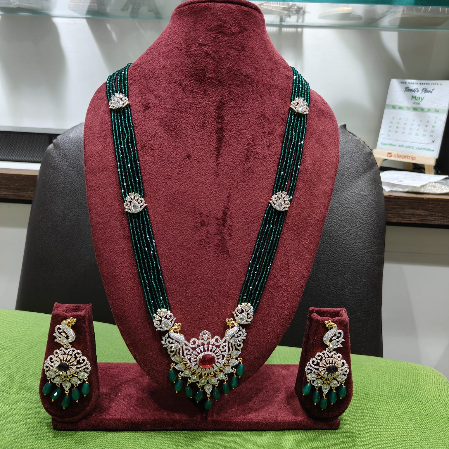 Emerald Bead Peacock AD Diamond Long Necklace & Earring Set