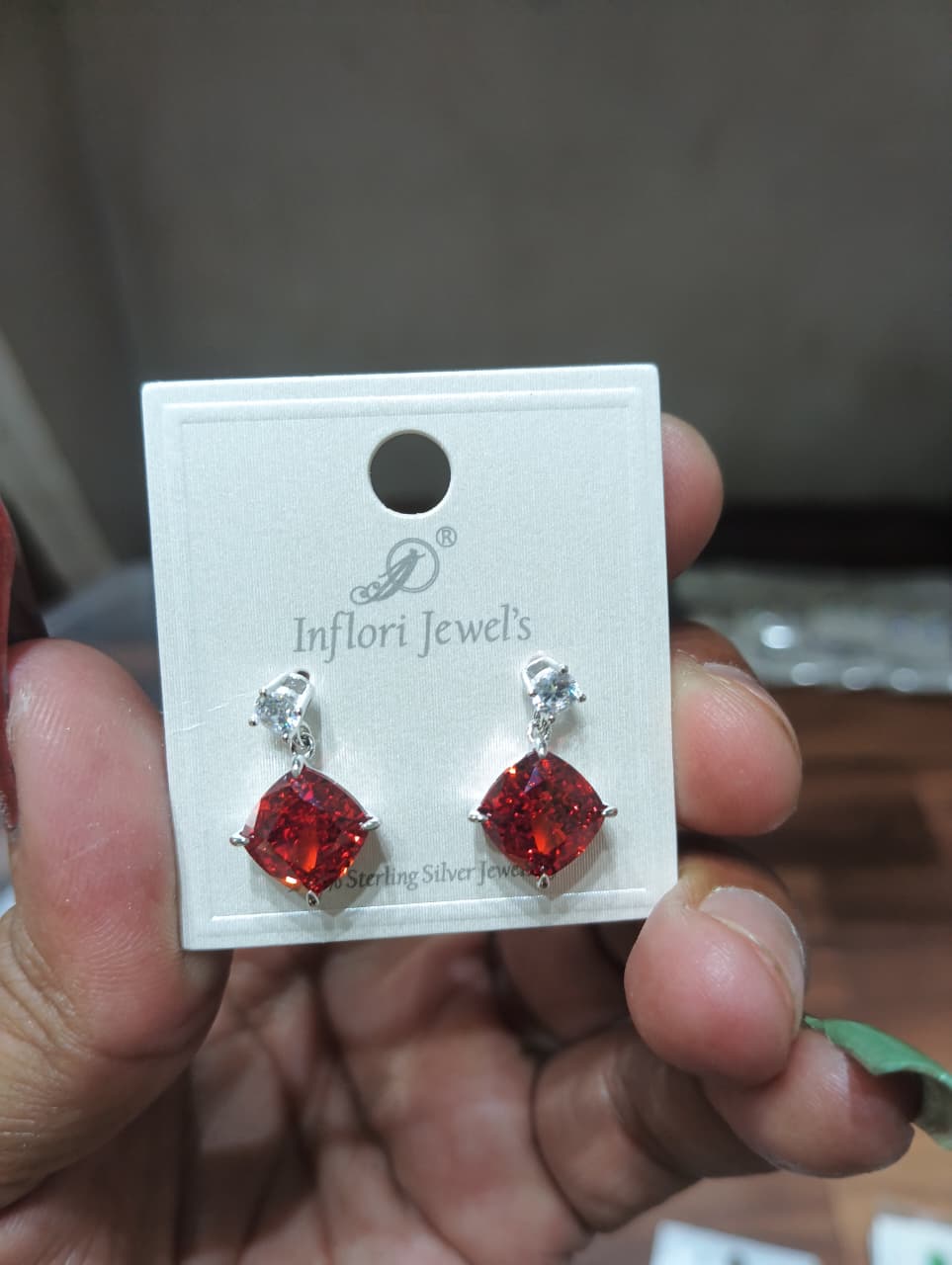 92.5 Sterling Silver Ruby Red Cushion Drop Earrings