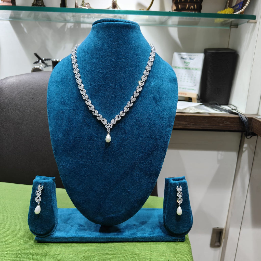 Pearl Drop & AD Diamond Marquise Leaf Necklace Set with Earrings