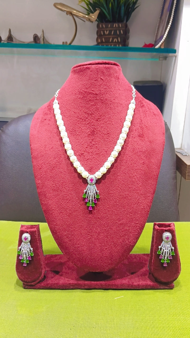 Pearl Necklace with Ruby & Green AD Tassel Pendant Set