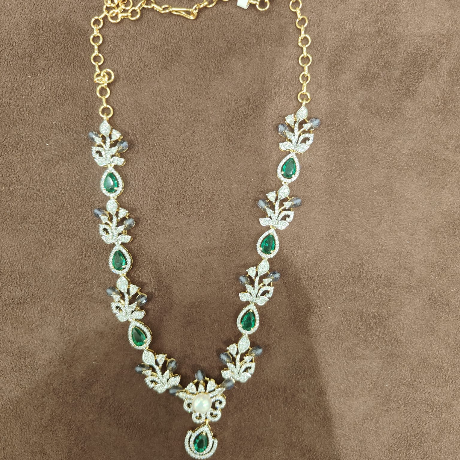 Emerald Green & White AD Botanical Leaf Necklace with Pearl & Emerald Pendant