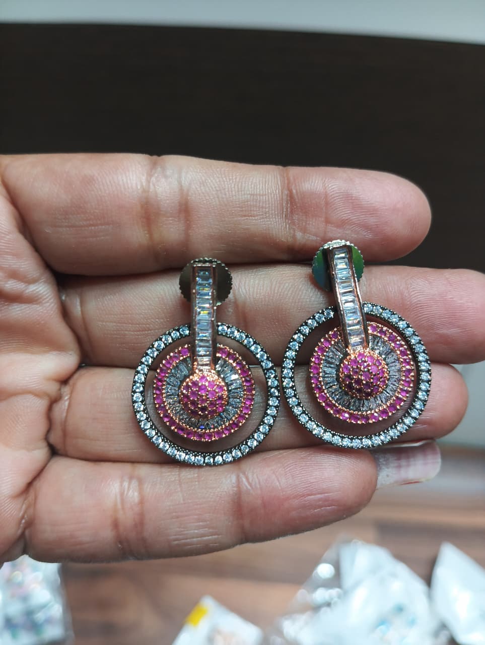 Ruby & Diamond Oxidised Silver Circle Drop Earrings | AD Jewellery