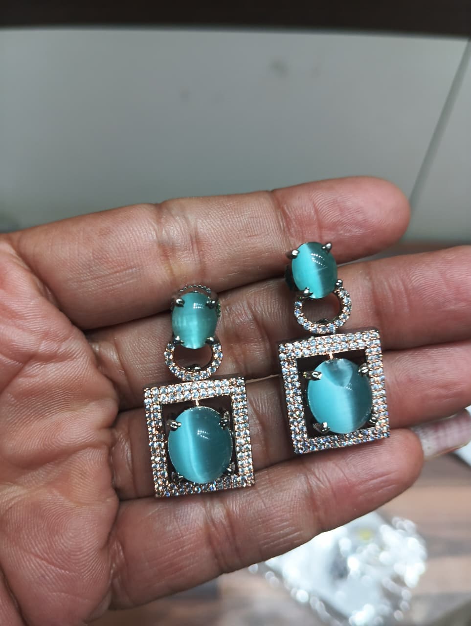 Teal Cat's Eye Halo Drop Earrings