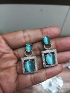 Teal Cat's Eye Halo Drop Earrings