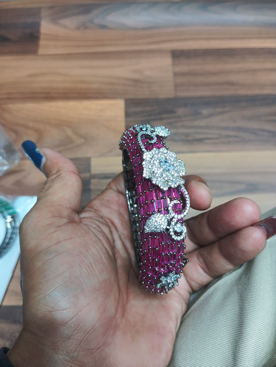 Ruby Pink Baguette AD Bangle with White Floral AD Sculpture Centrepiece