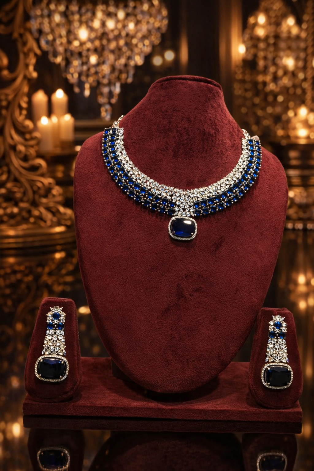 Royal Blue Sapphire AD Necklace & Earring Set