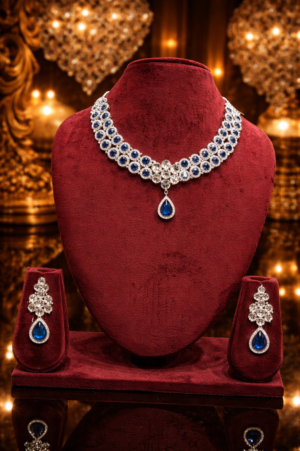 Sapphire Blue Teardrop AD Choker Necklace & Earring Set