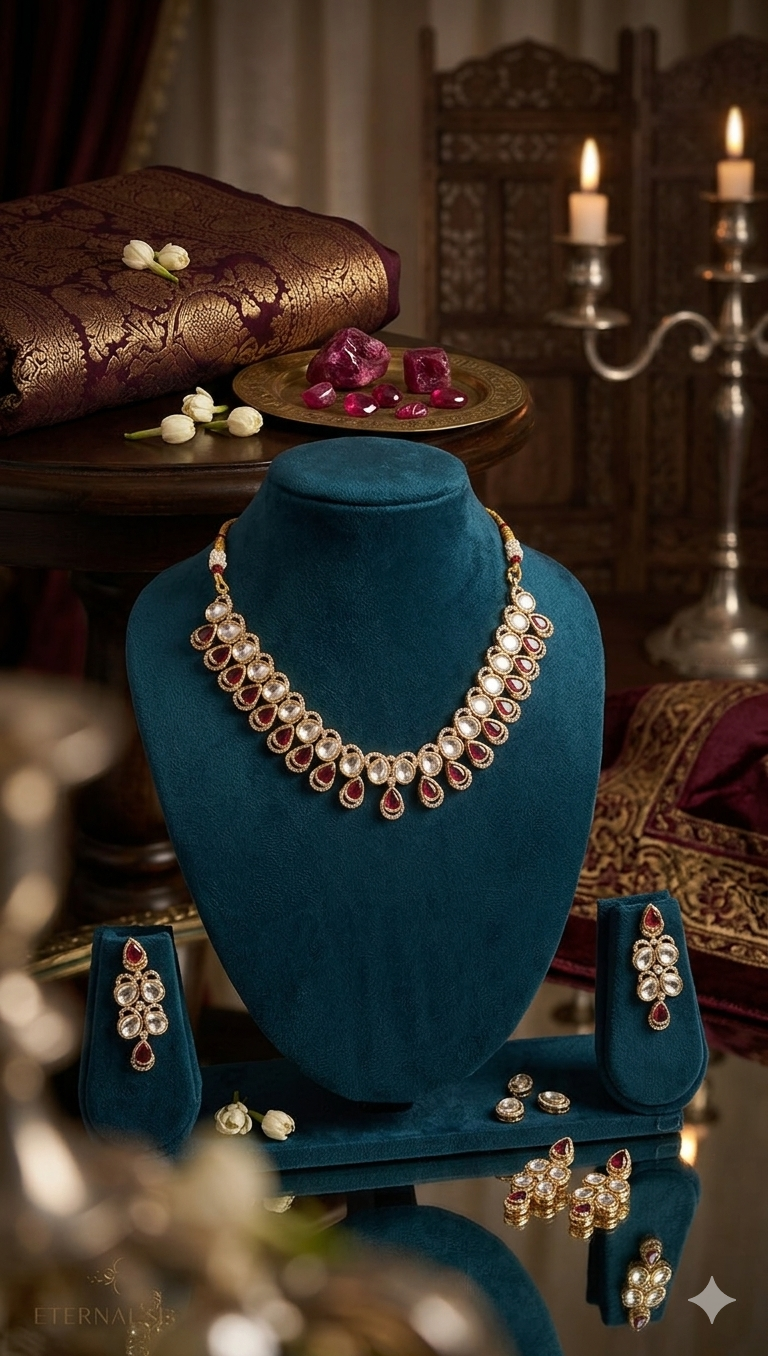 Kundan Ruby Fringe AD Gold Necklace & Earring Set