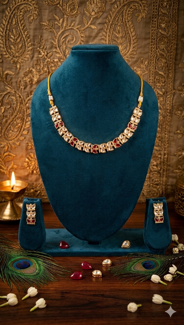 Kundan Ruby Leaf AD Gold Necklace & Earring Set