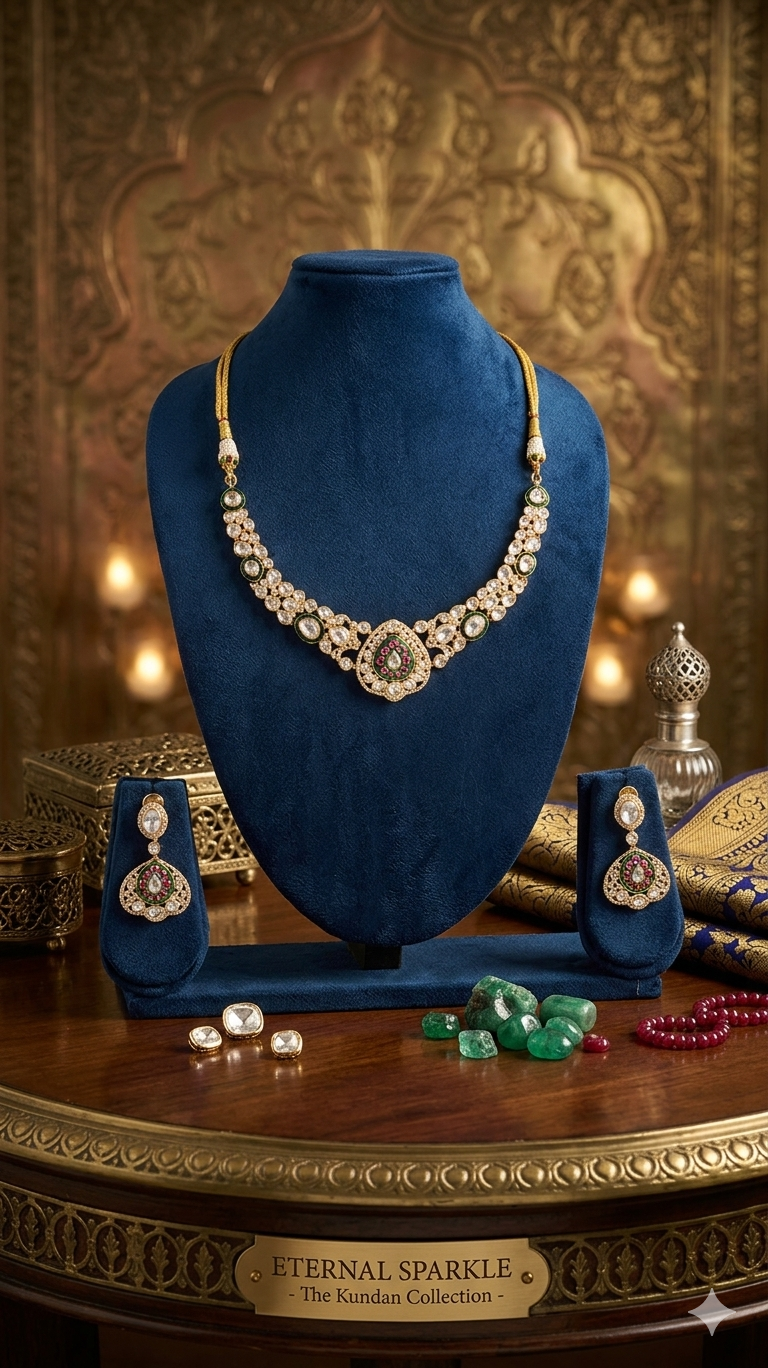 Kundan Polki Teardrop AD Gold Necklace & Earring Set