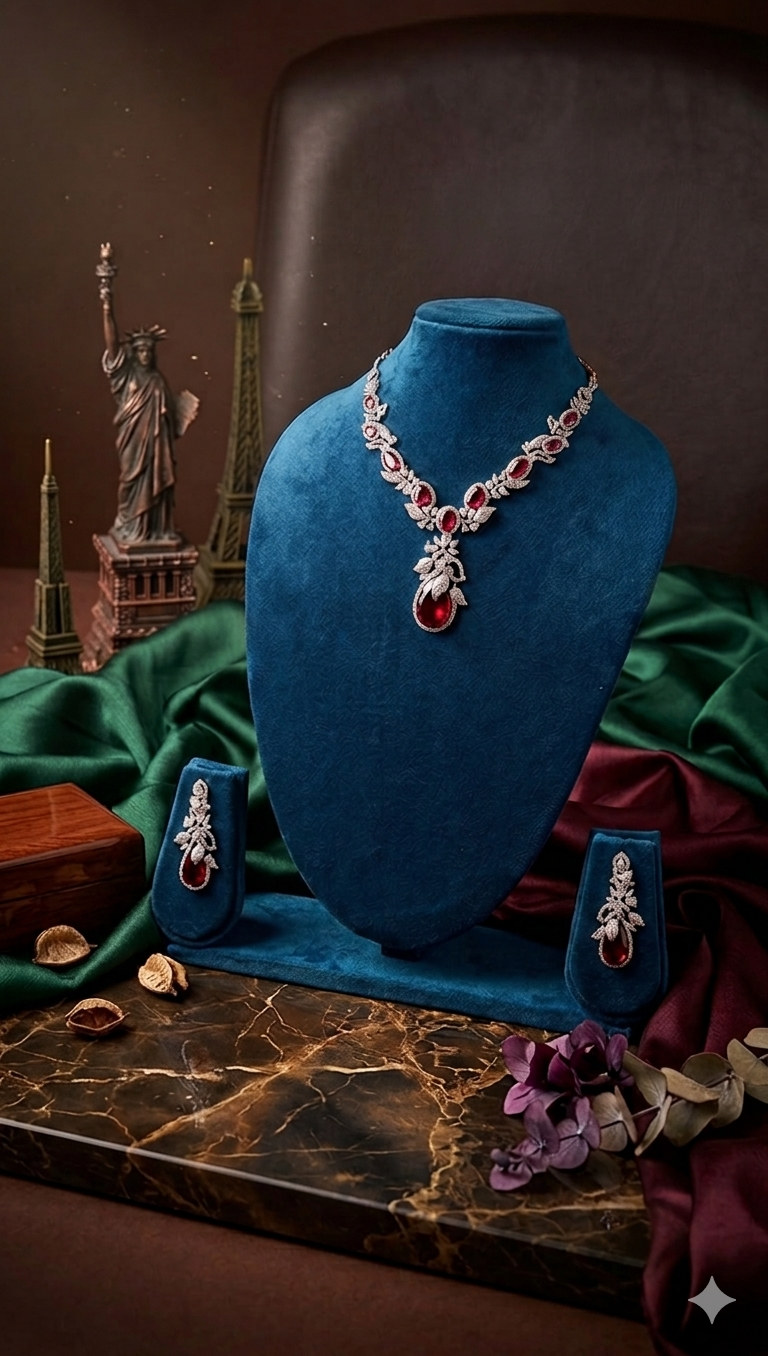 Ruby Red Floral AD Necklace & Earring Set