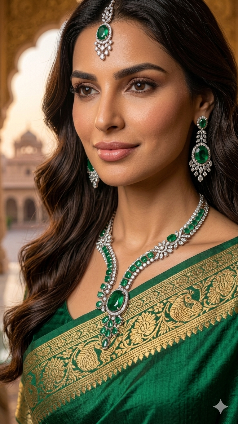 Emerald Green AD Necklace, Earring & Maang Tikka Set