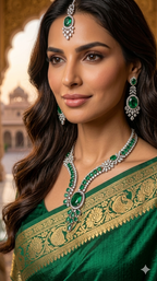Emerald Green AD Necklace, Earring & Maang Tikka Set
