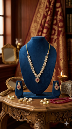 Polki Leaf & Ruby Heart AD Gold Necklace & Earring Set