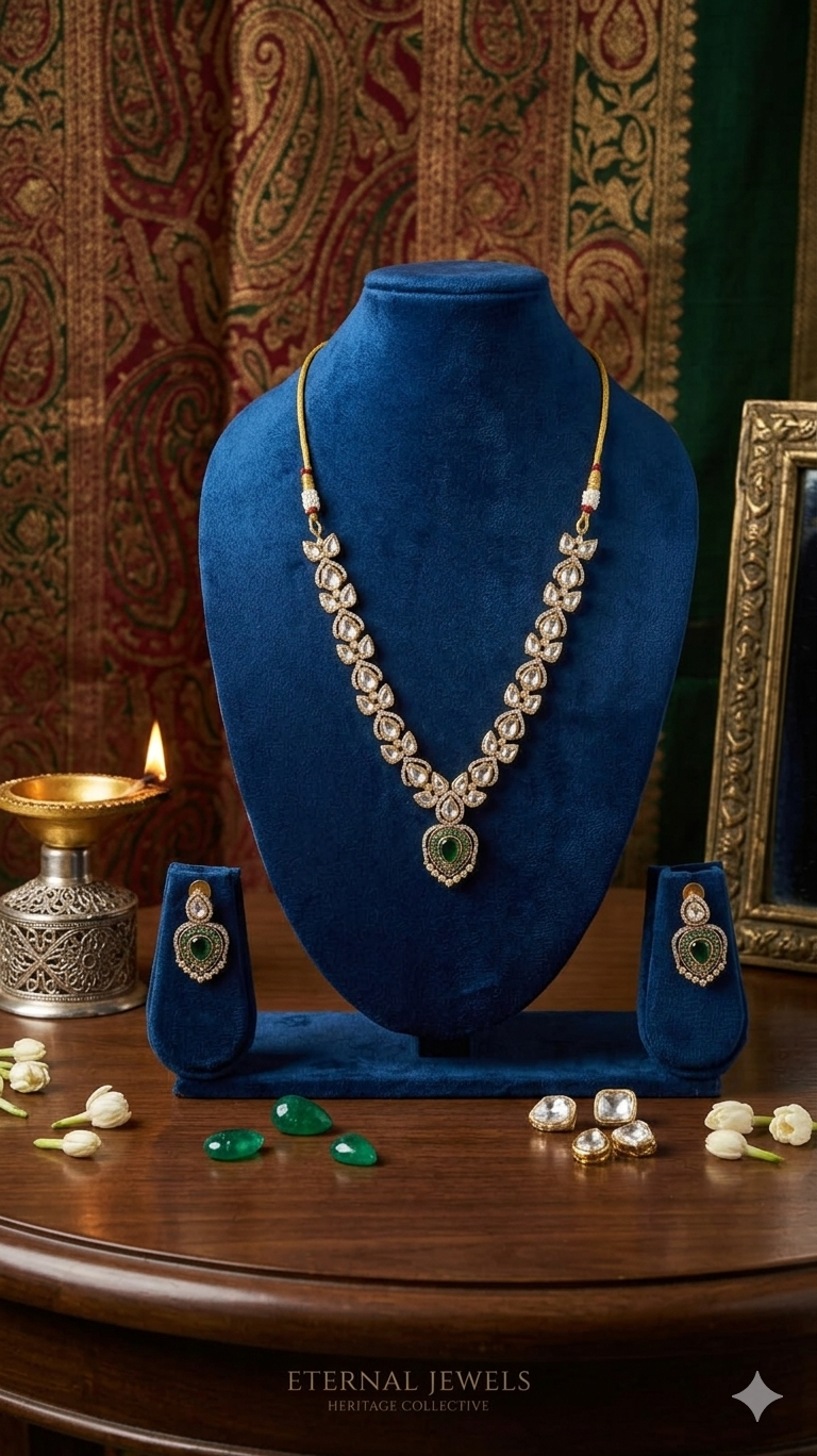 Polki Leaf & Emerald Teardrop AD Gold Necklace & Earring Set