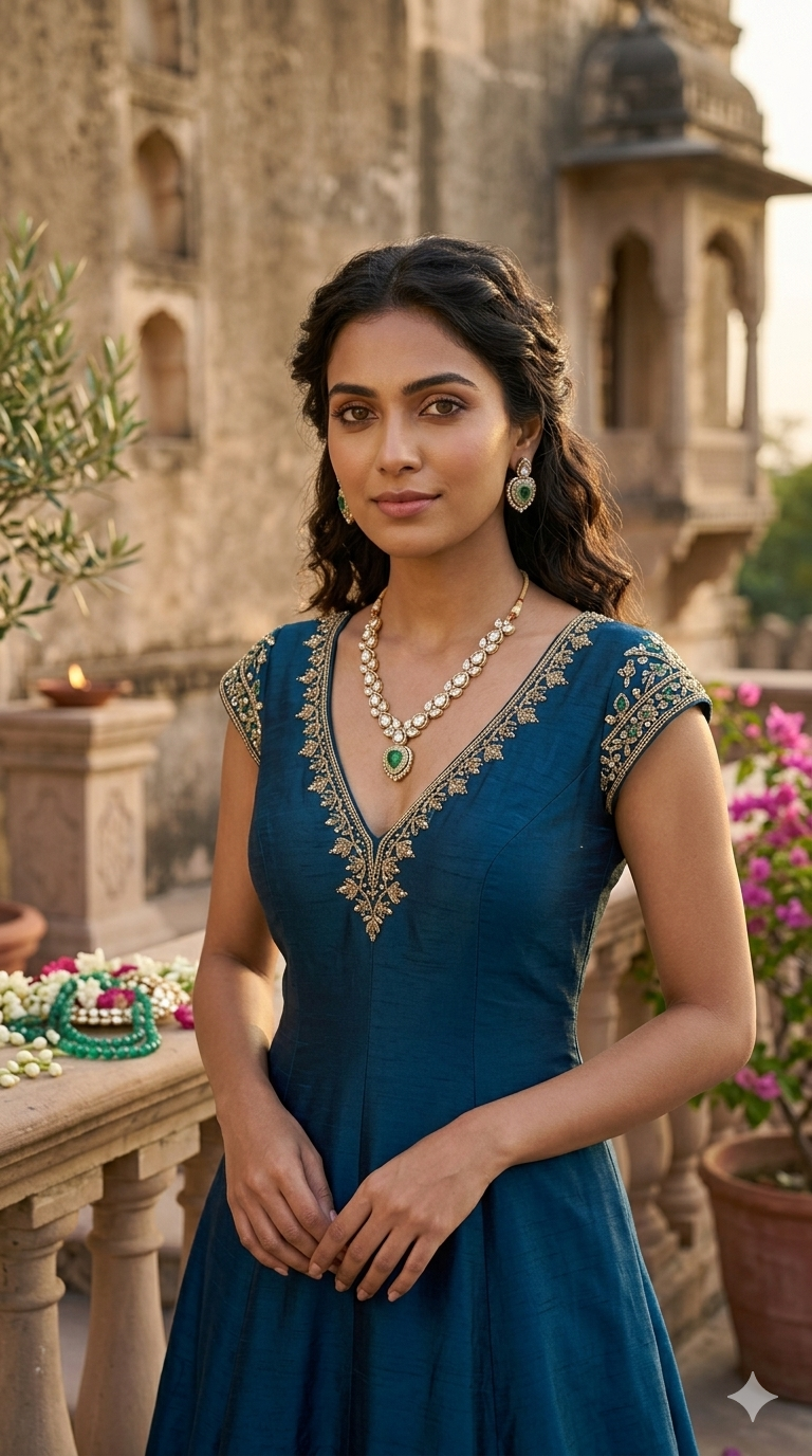 Polki Leaf & Emerald Heart AD Gold Necklace & Earring Set
