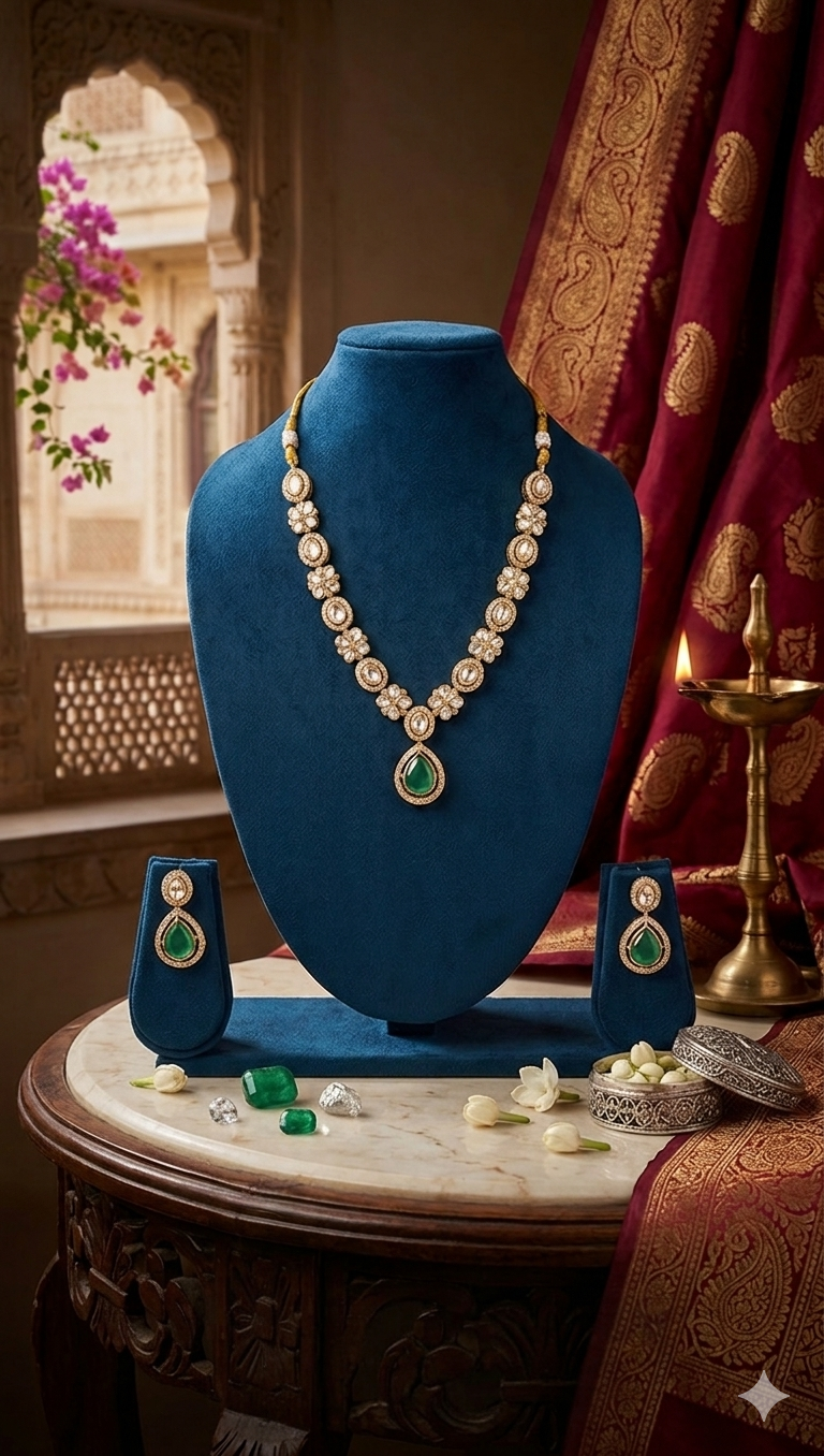 Kundan Emerald Teardrop AD Gold Necklace & Earring Set