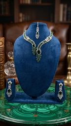 Emerald Green AD Necklace, Earring & Maang Tikka Set