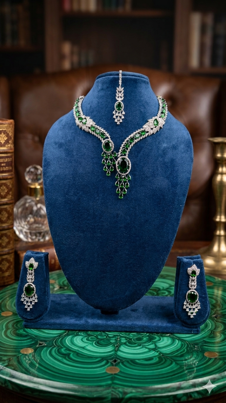 Emerald Green AD Necklace, Earring & Maang Tikka Set