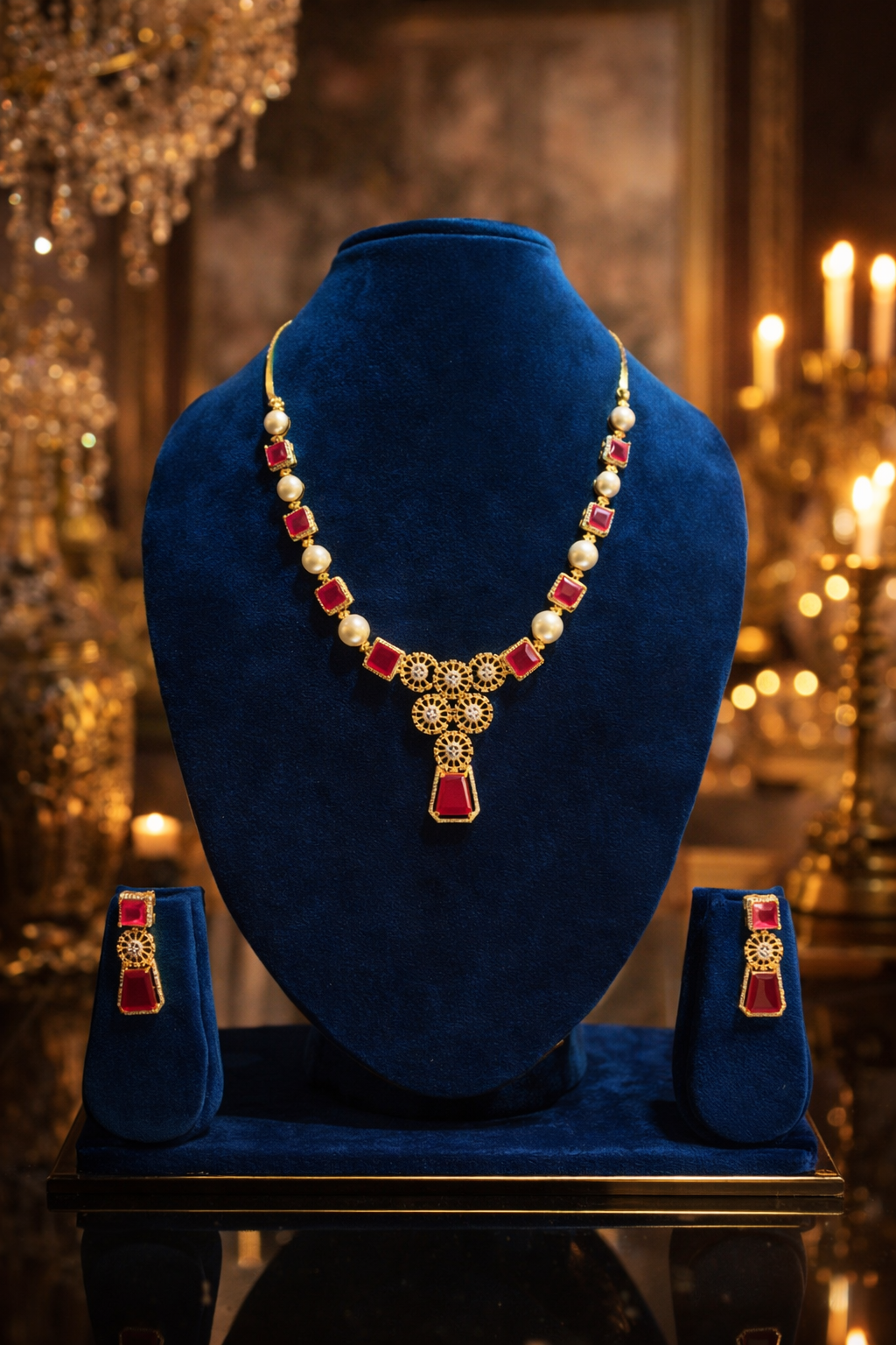 Ruby Red & Pearl Gold-Tone AD Necklace & Earring Set