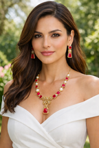 Ruby Red & Pearl Gold-Tone AD Necklace & Earring Set