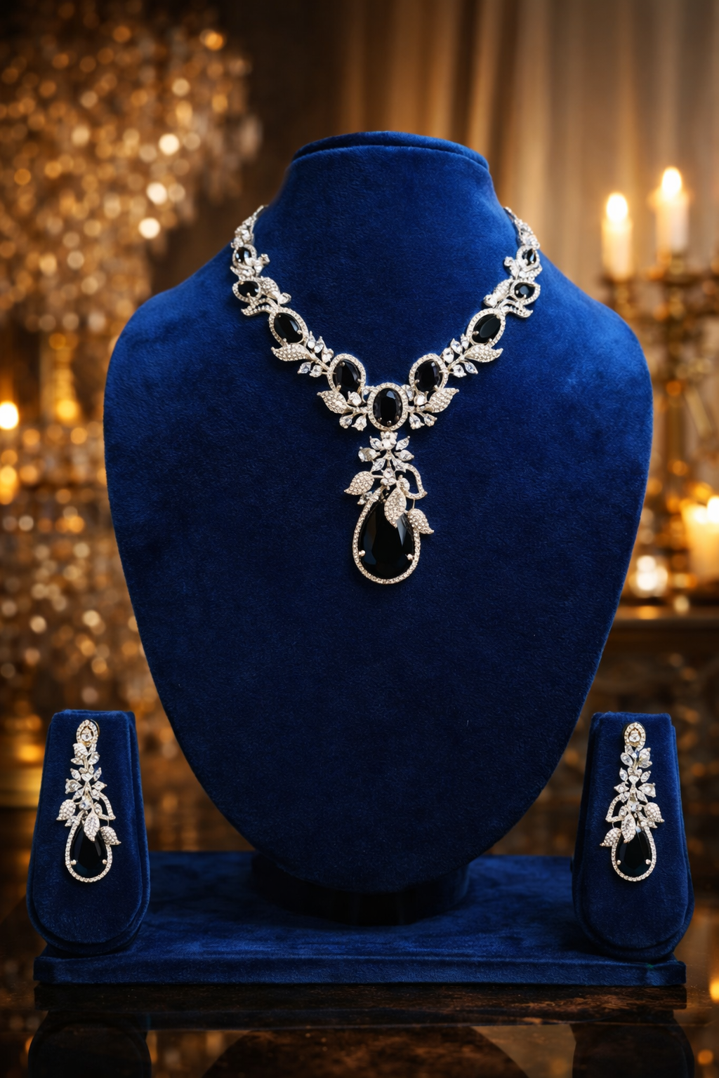 Black Onyx Floral AD Necklace & Earring Set