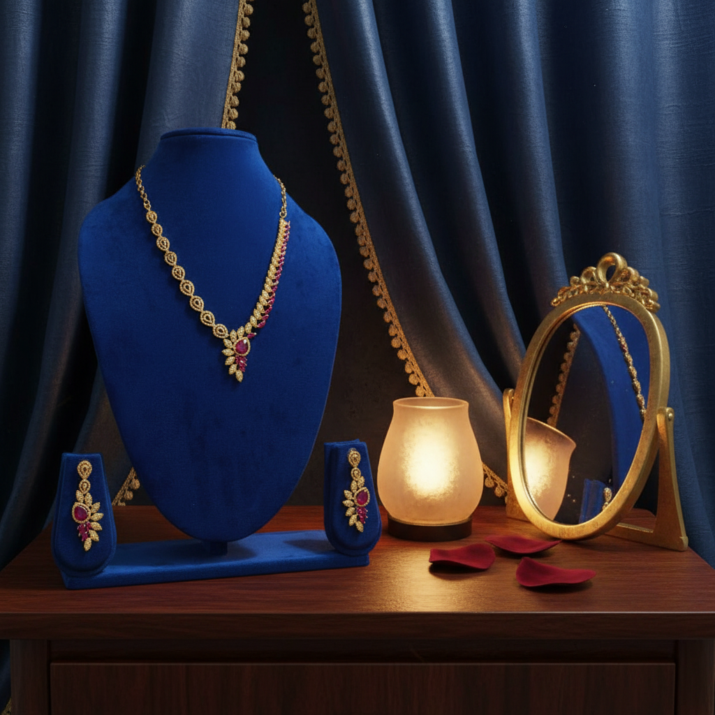 Ruby & AD Wheat Leaf V-Drop Necklace & Earring Set
