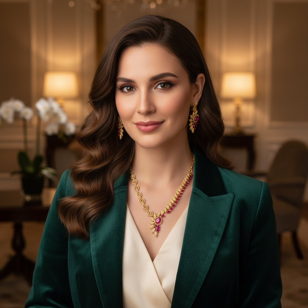 Ruby & AD Wheat Leaf V-Drop Necklace & Earring Set