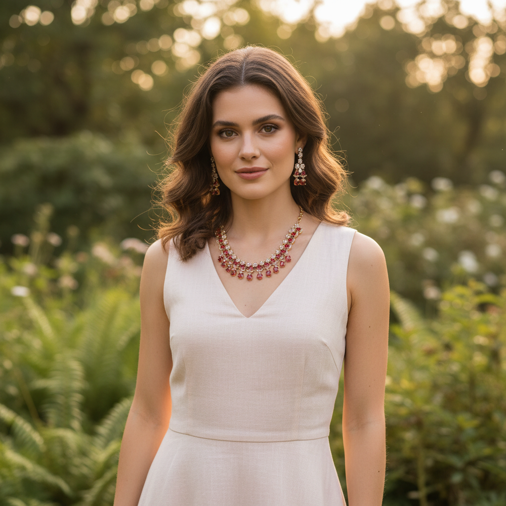 Ruby & AD Floral Fringe Necklace & Earring Set
