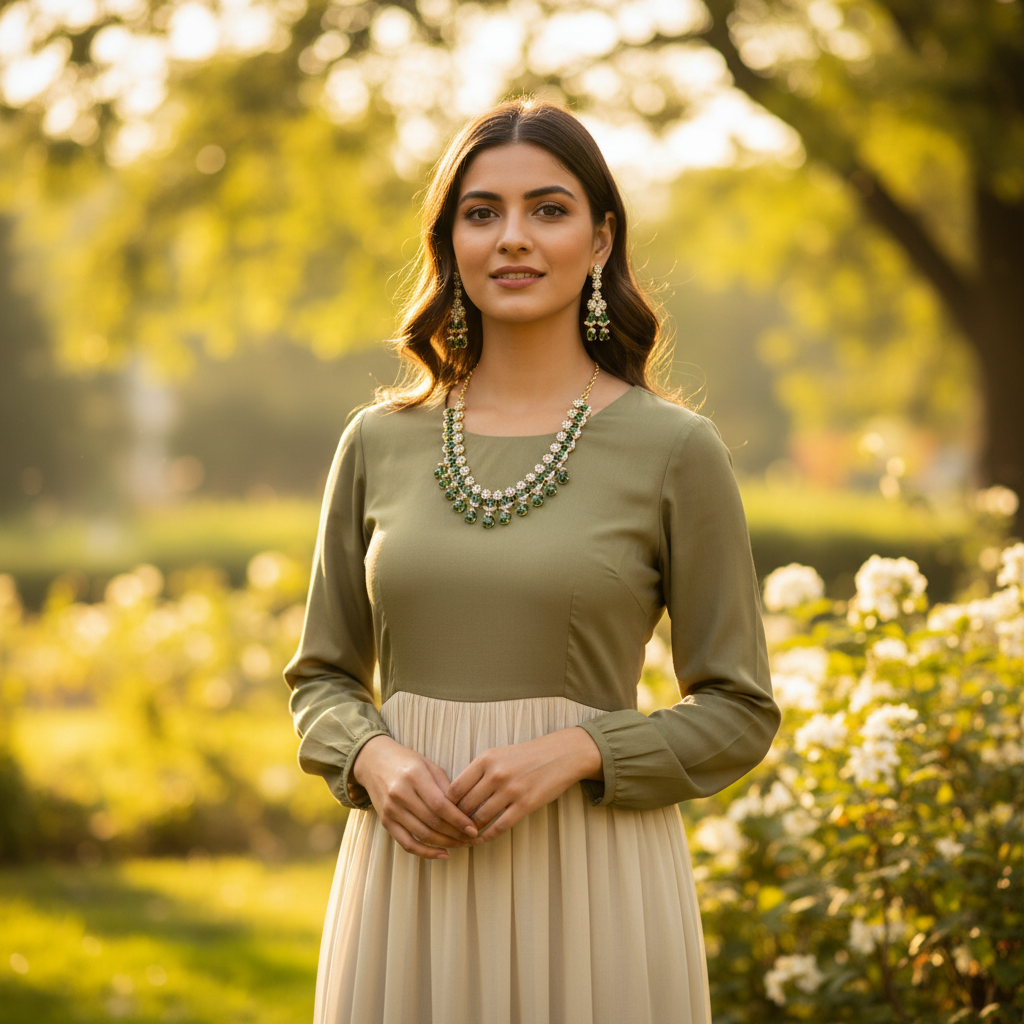 Emerald Ball & AD Gold Fringe Necklace & Earring Set