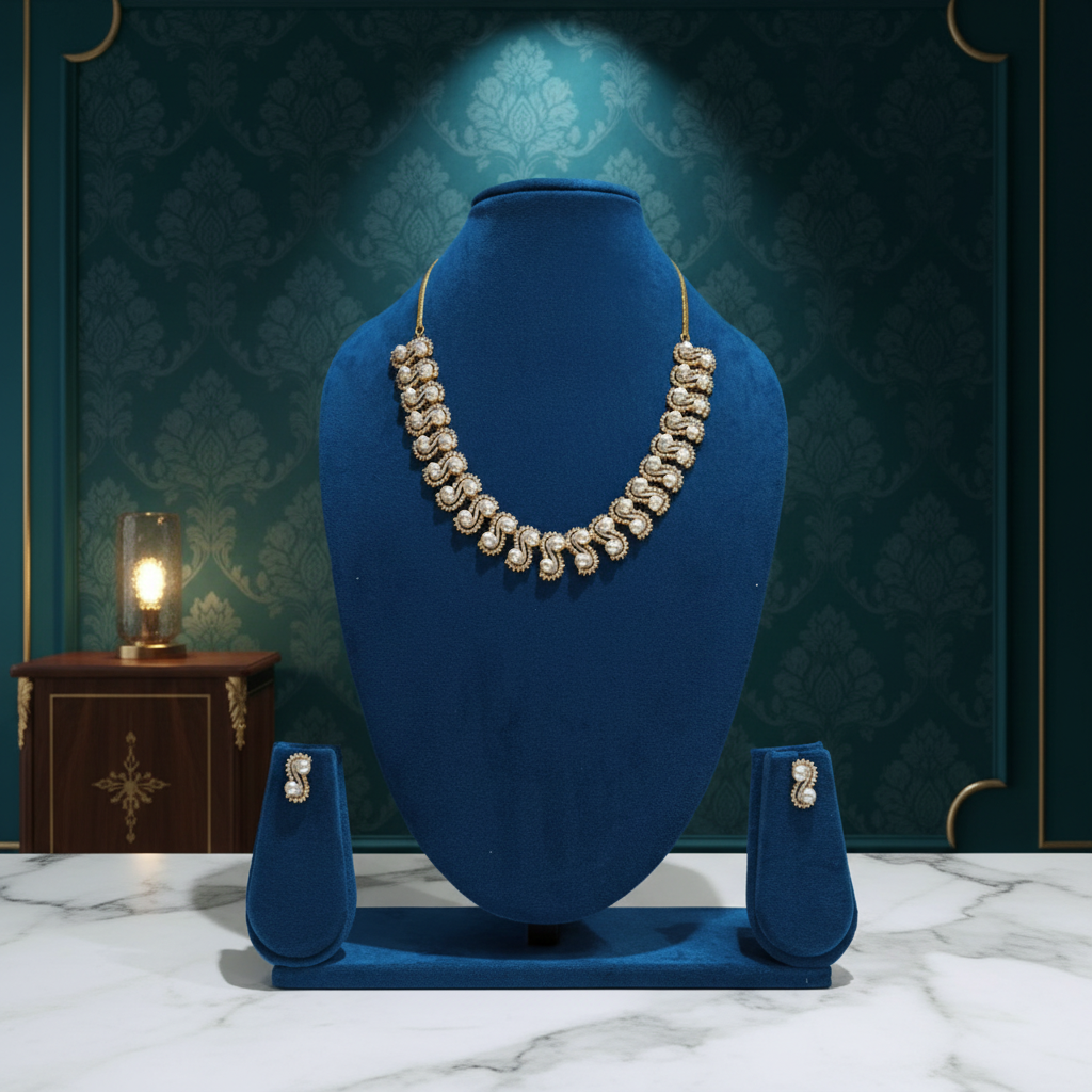 Pearl & AD Paisley Necklace & Earring Set