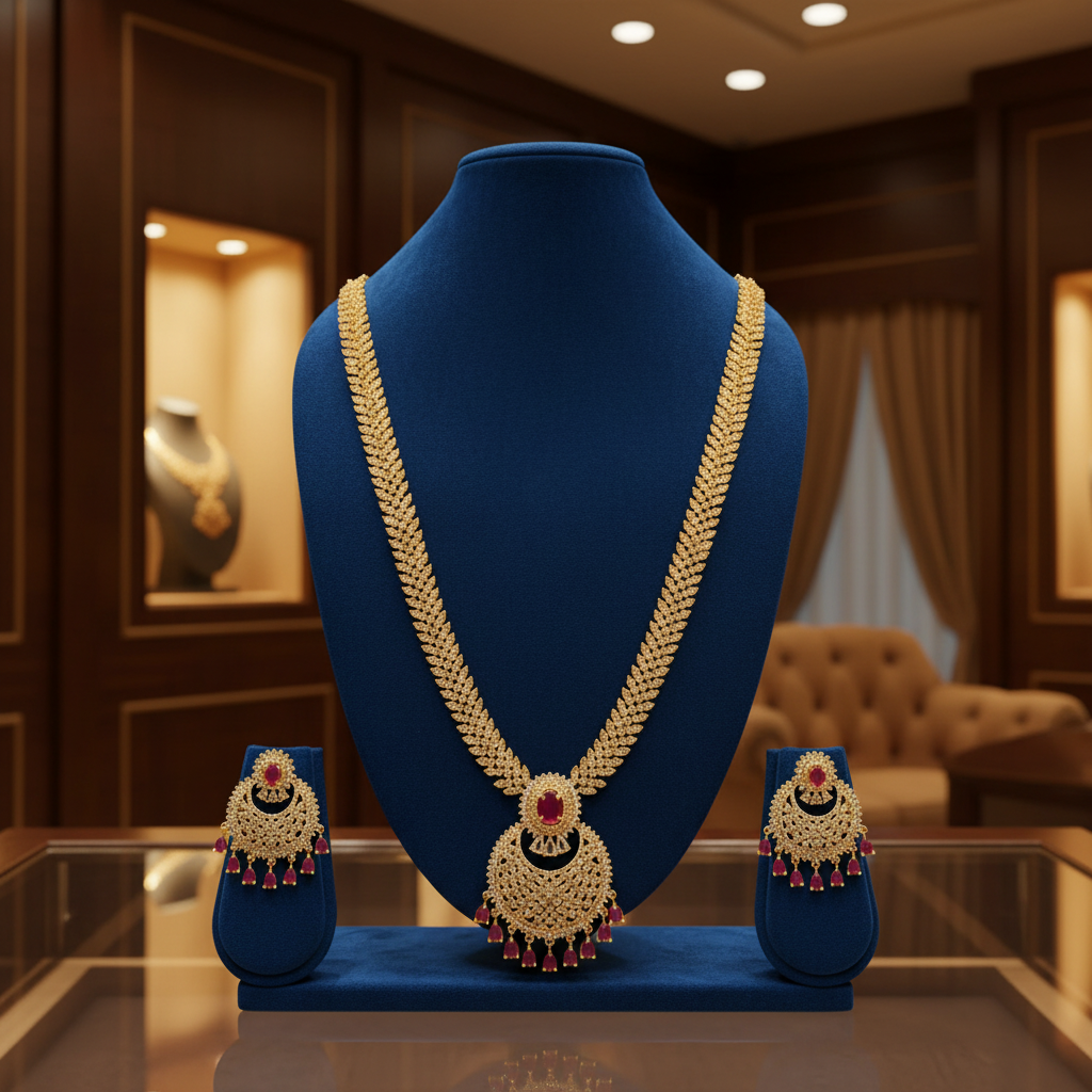 AD Wheat Chain & Ruby Chandbali Long Necklace Set