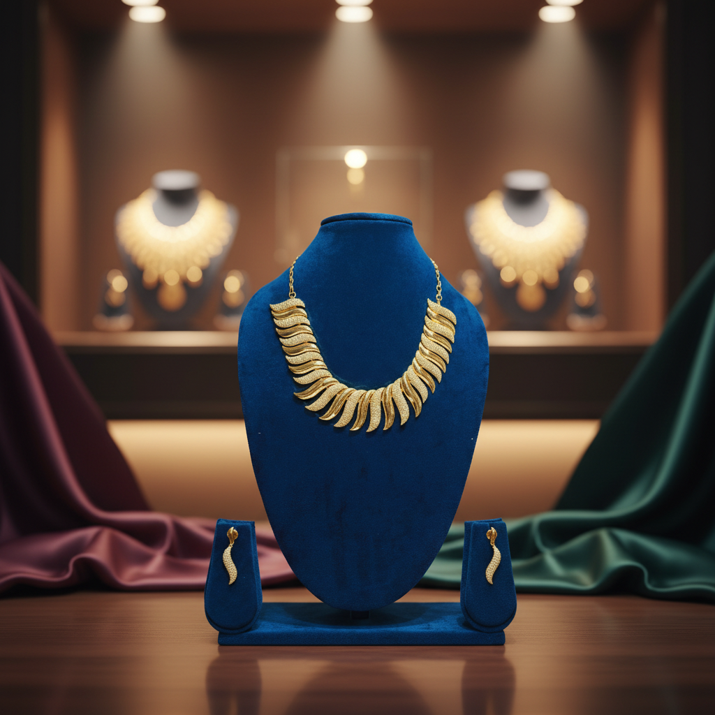 Gold Wave AD Choker Necklace & Earring Set