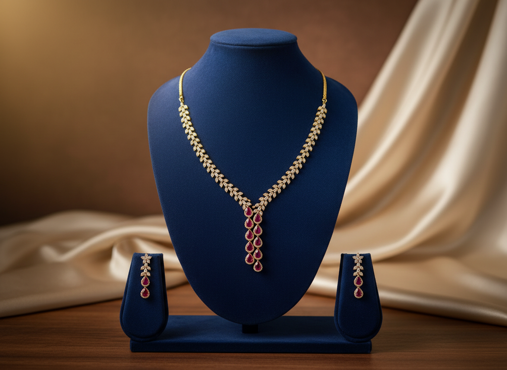 Ruby Teardrop Cascade AD Leaf Necklace & Earring Set