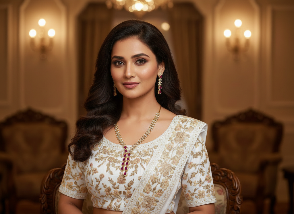 Ruby Teardrop Cascade AD Leaf Necklace & Earring Set