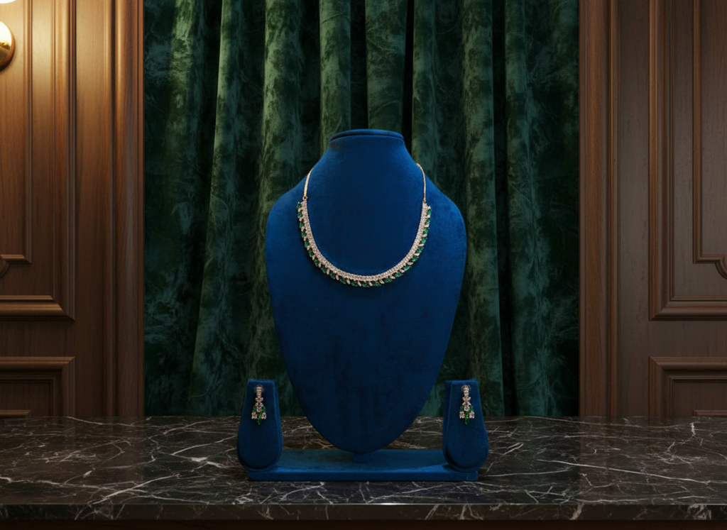 Emerald Leaf Fringe AD Necklace & Earring Set
