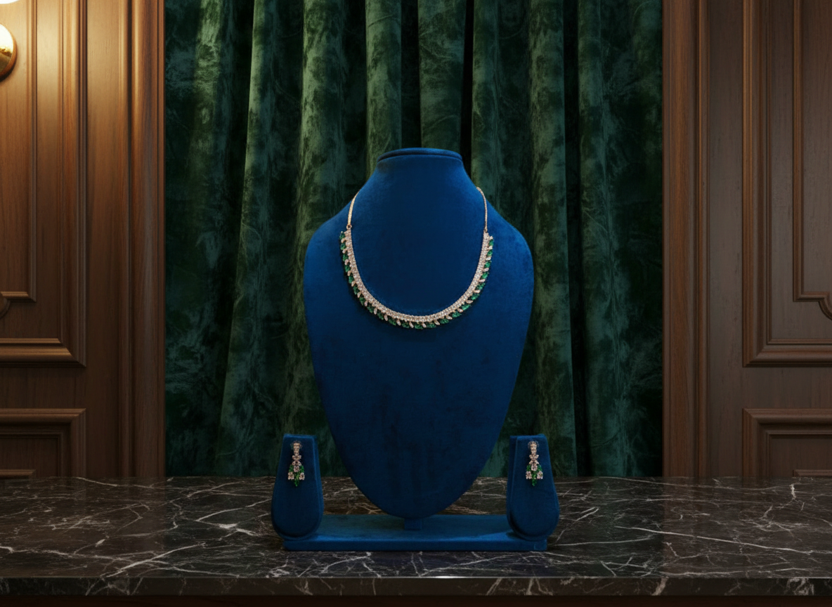 Emerald Leaf Fringe AD Necklace & Earring Set