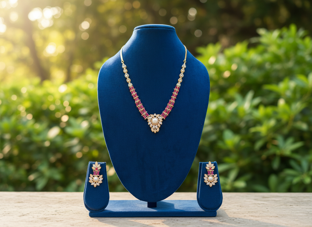 Ruby & Pearl AD Floral V-Necklace & Earring Set