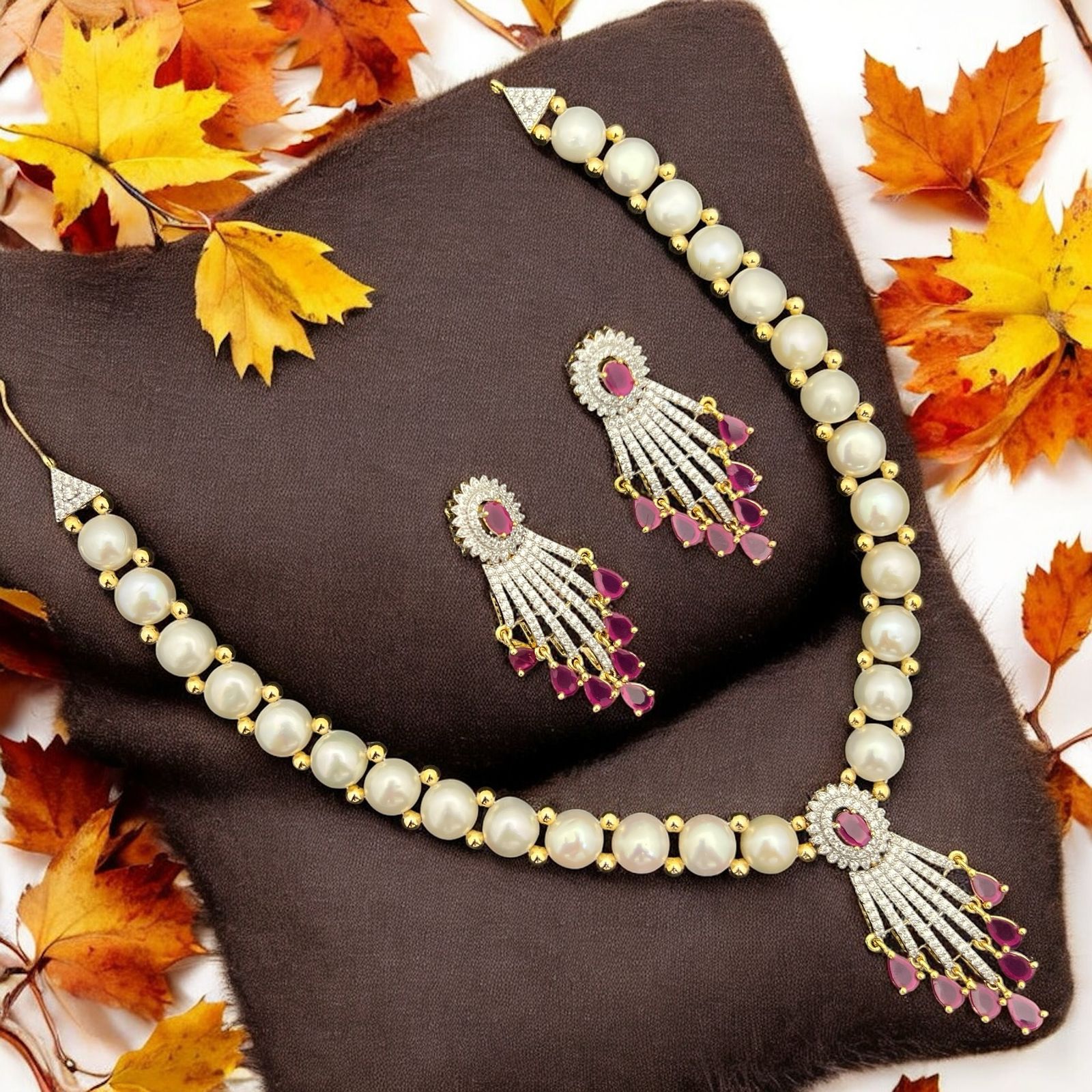 Pearl Necklace Set with Crystal Fan Pendant & Blush Drop Earrings