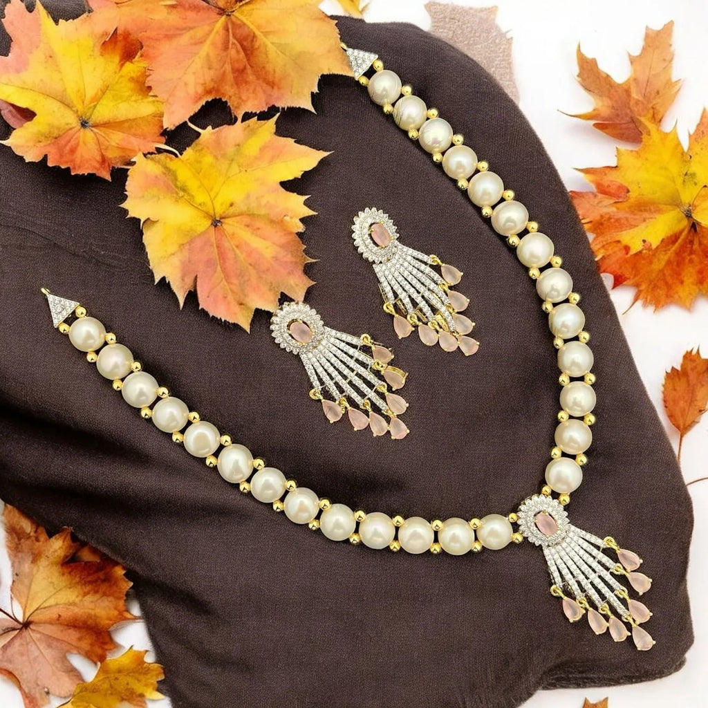 Pearl Necklace Set with Crystal Fan Pendant & Blush Drop Earrings