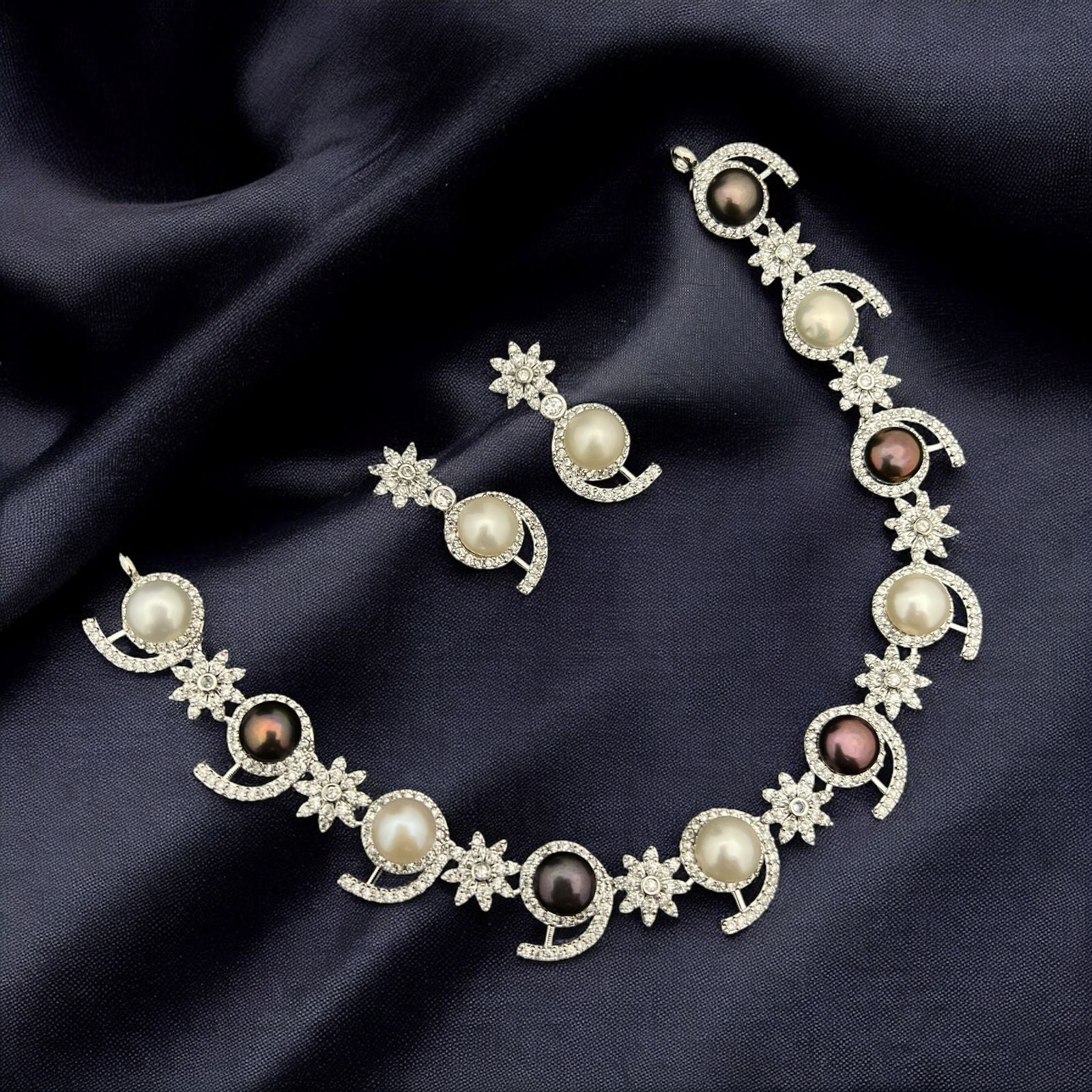 Elegant Pearl & Crescent Motif Necklace Set with Matching Earrings