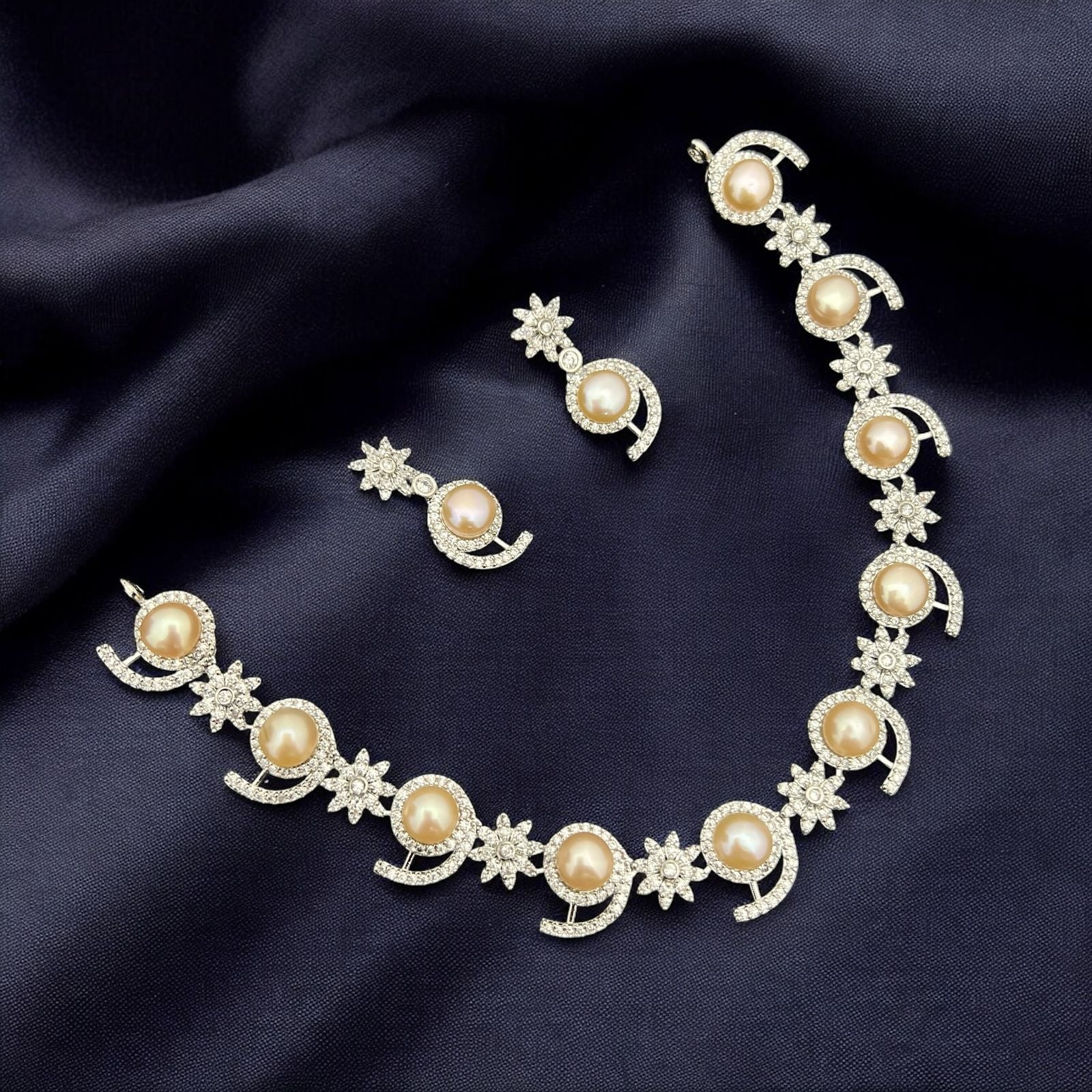 Elegant Pearl & Crescent Motif Necklace Set with Matching Earrings
