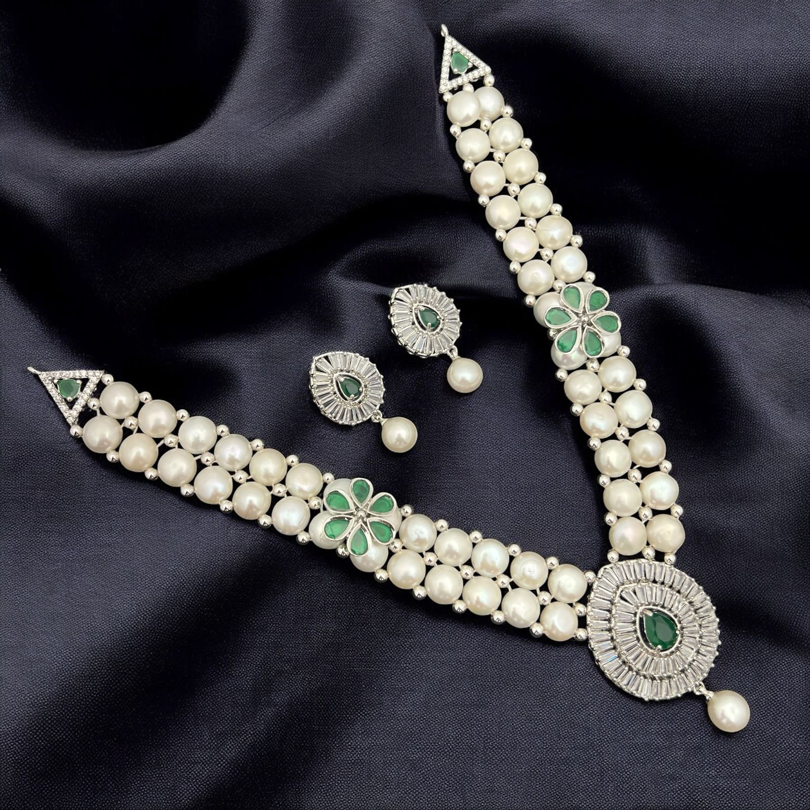 Elegant Pearl & Emerald-Green Stone Necklace Set with Matching Earrings