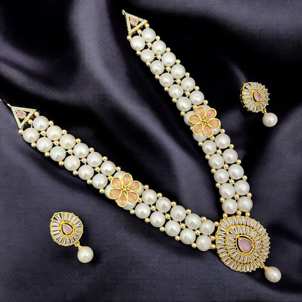 Classic Pearl Necklace Set with Blush Pink Stone Accents & Gold Finish