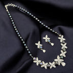 Luxury Black Pearl & Floral CZ Necklace Set with Matching Earrings