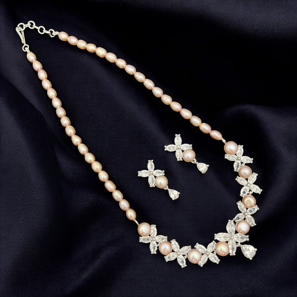Elegant Pearl & Floral CZ Necklace Set with Matching Earrings