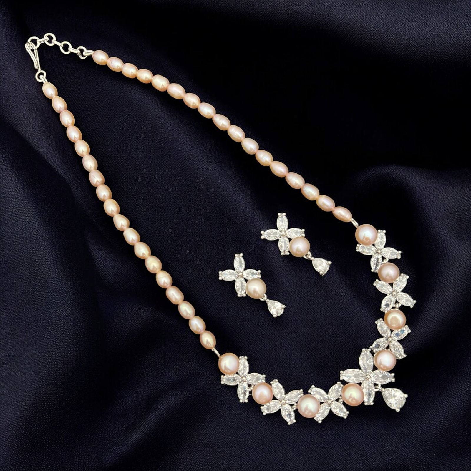 Elegant Pearl & Floral CZ Necklace Set with Matching Earrings