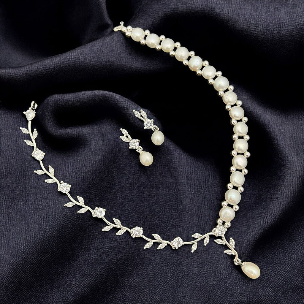 Elegant Pearl & Crystal Vine Necklace Set with Matching Earrings