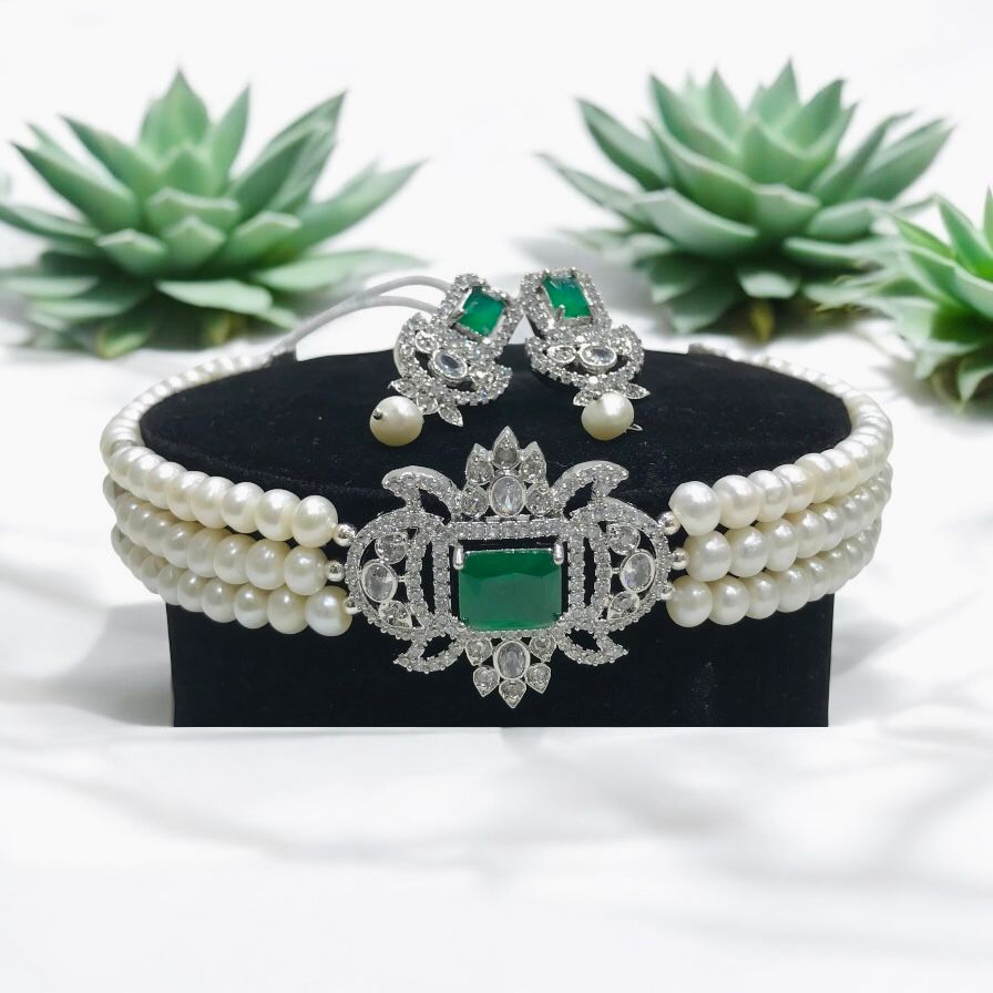 Royal Pearl Choker Necklace Set with Sapphire-Blue Stone & Crystal Detailing