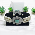 Elegant Pearl Choker Necklace Set with Emerald-Green Stone & Crystal Accents